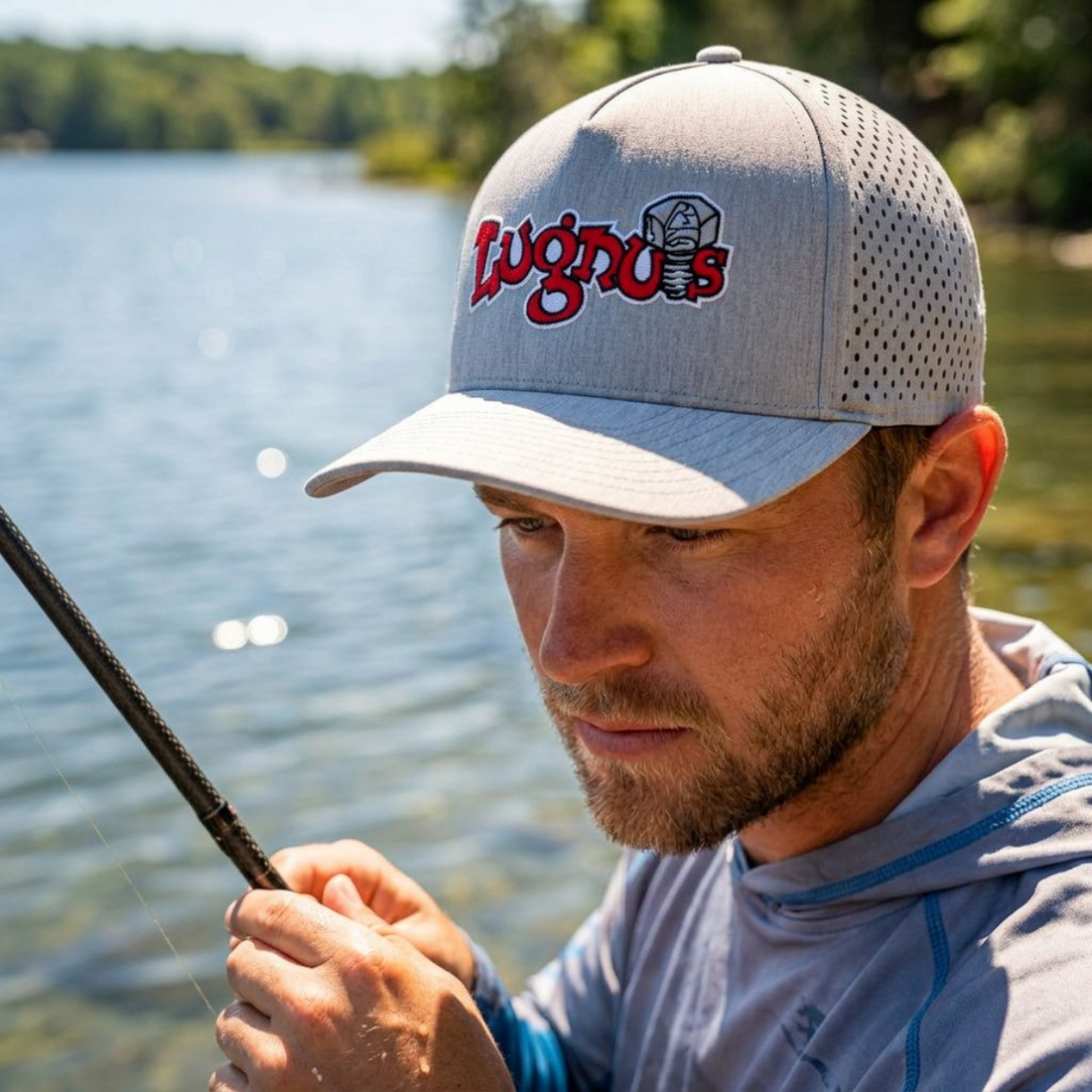 Lugnuts Zapped Blackhawk Cap, close up by the lake