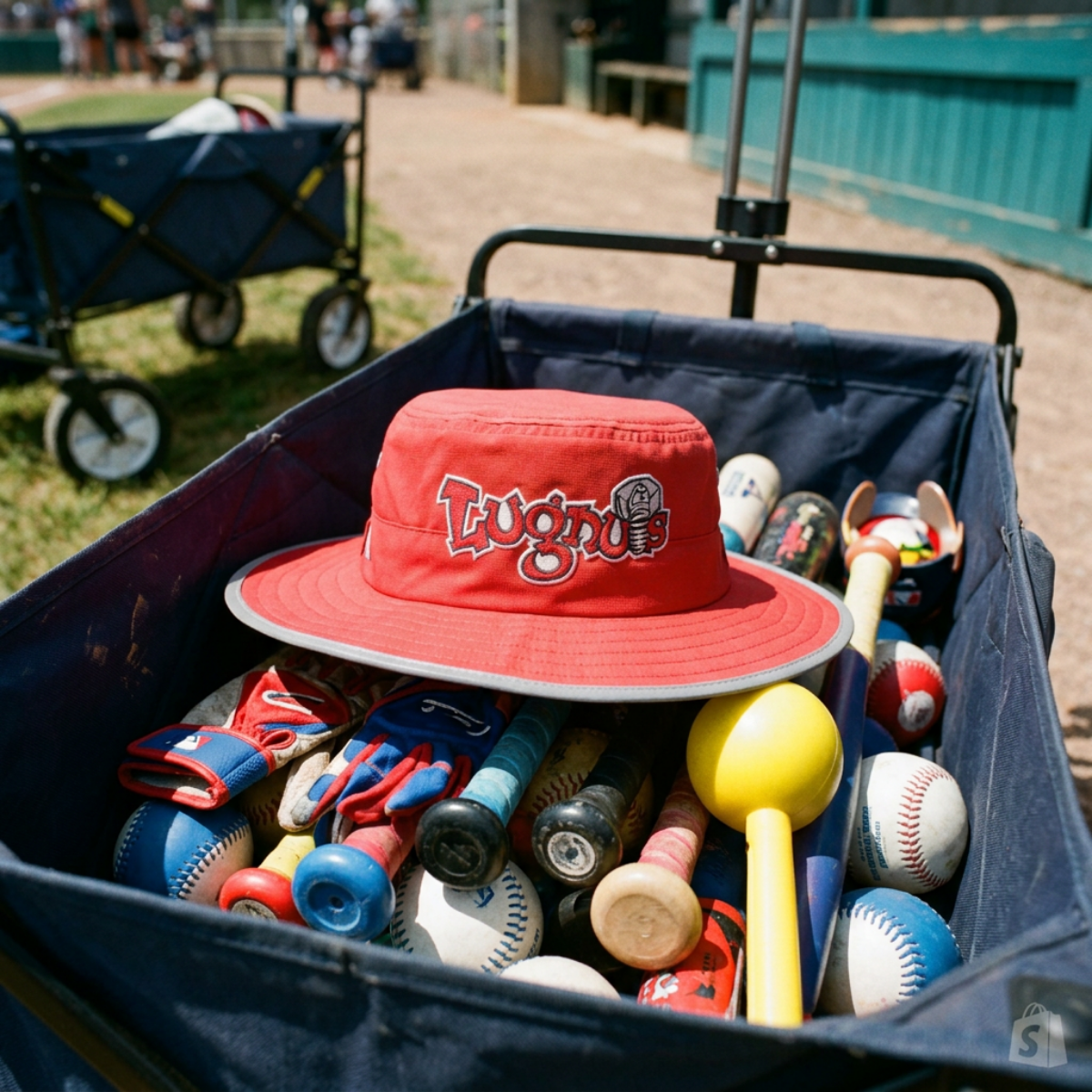 Red boonie hat on top of the team gear wagon