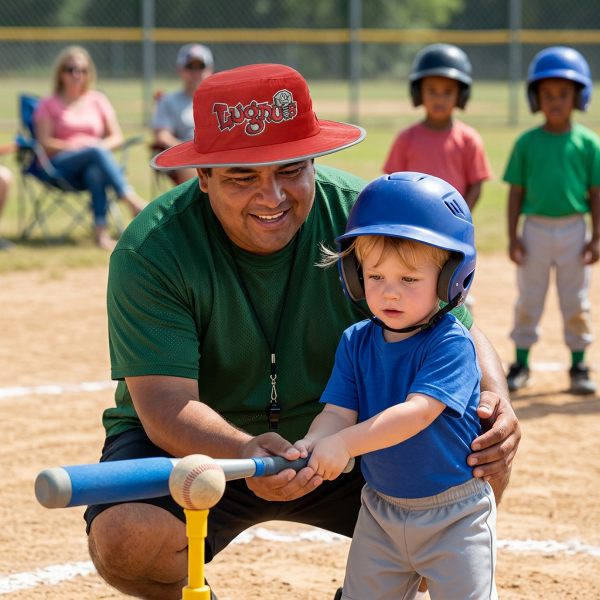 Lugnuts coach wearing the red boonie hat at tee-ball