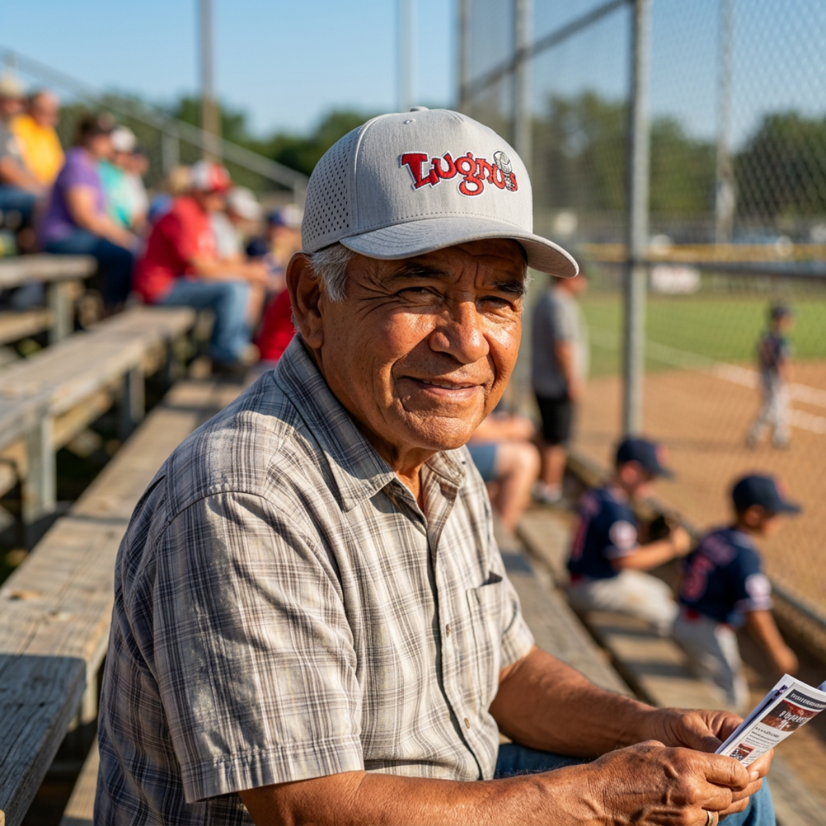 Grandpa wearing the Lugnuts Zapped Blackhawk Cap in the stands