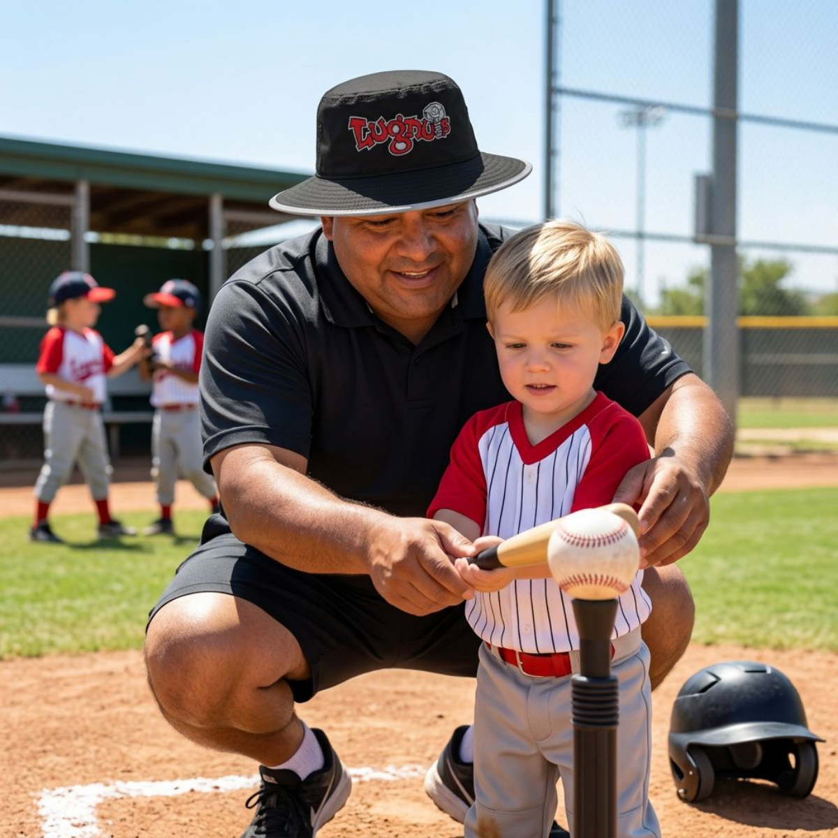 Lugnuts coach wearing the boonie hat at tee-ball practice
