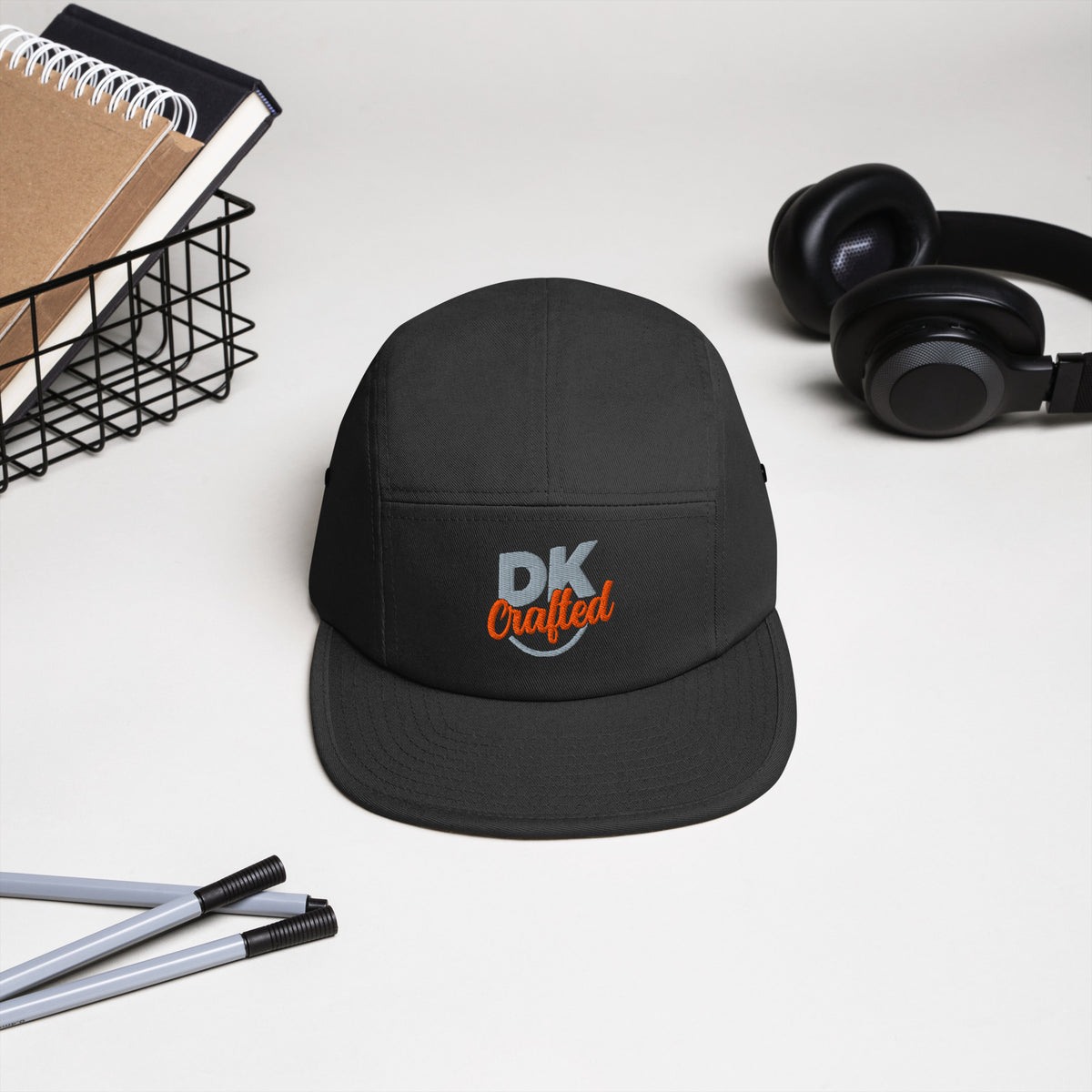 Five panel cap, Black, front view