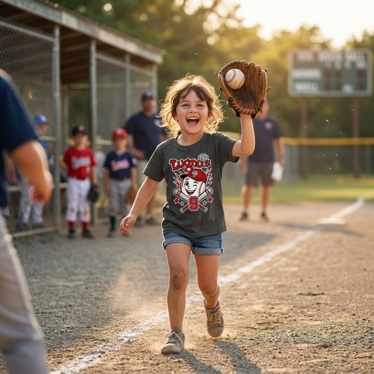 Lugnuts Youth Fan Tee - girl catching ball, Dark Heather Grey