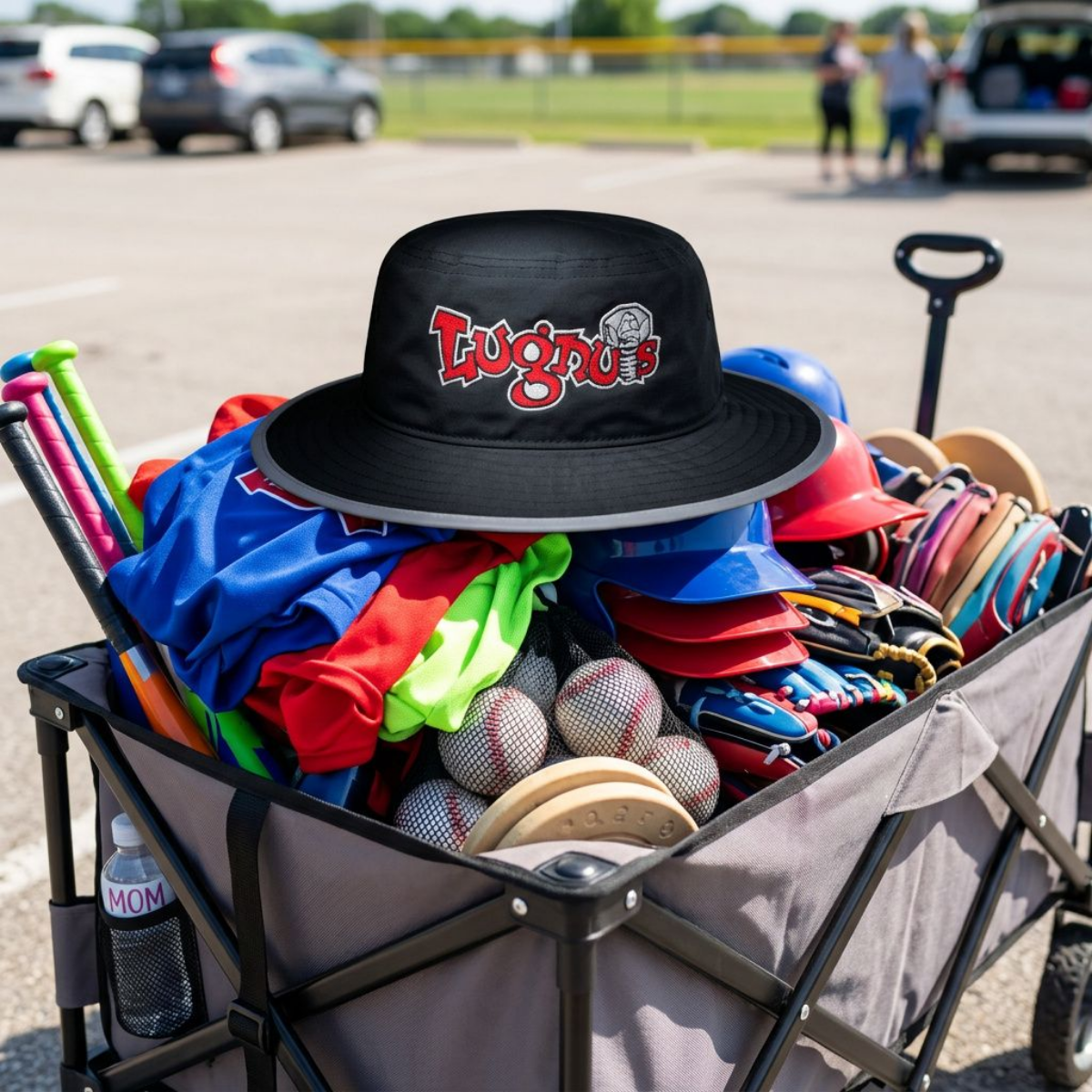 Lugnuts boonie hat on top of the team gear wagon
