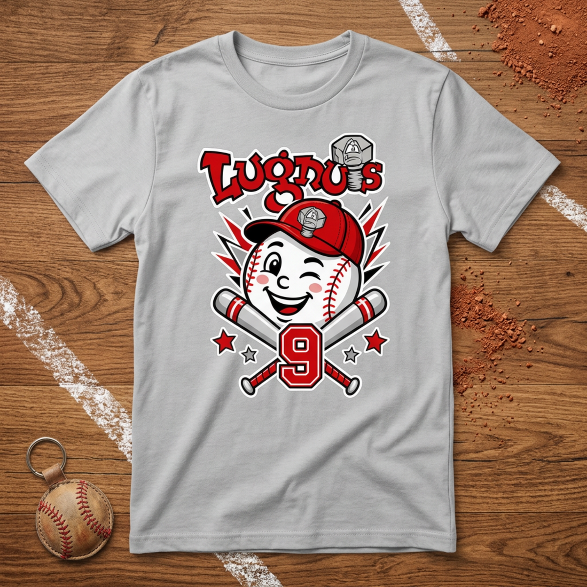 Lugnuts Youth Fan Tee - Silver flat lay, dugout dirt