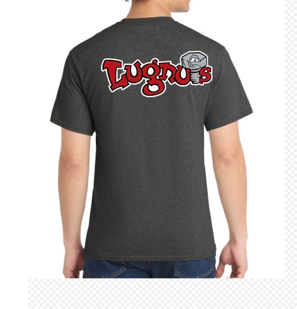 Lugnuts Adult Fan Tee - Black Heather back, Lugnuts logo