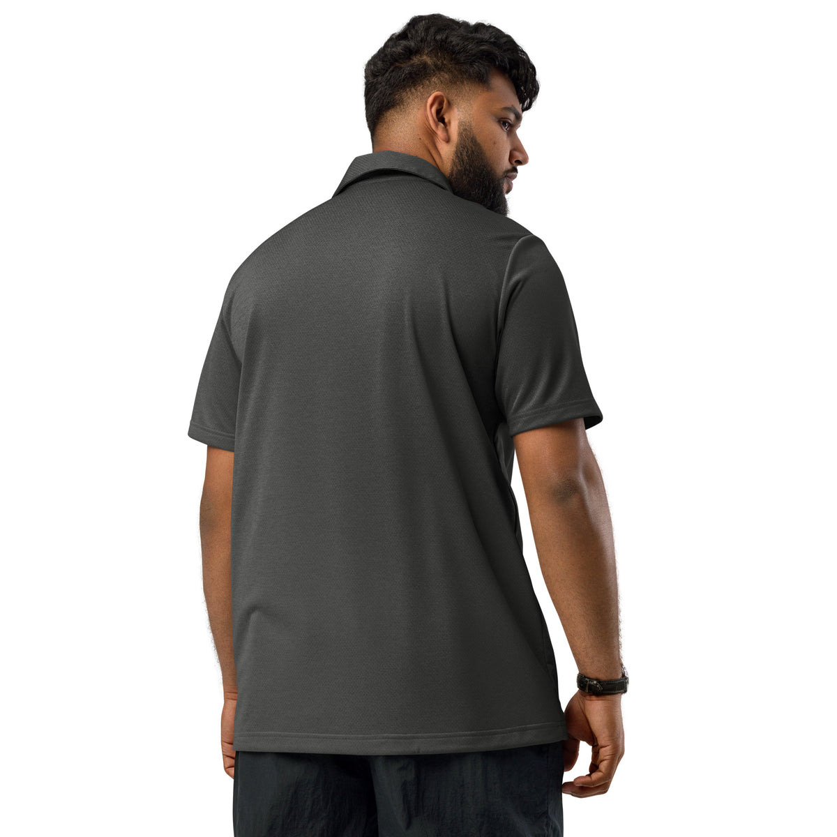 Adidas space-dyed polo shirt in Black Melange, back view