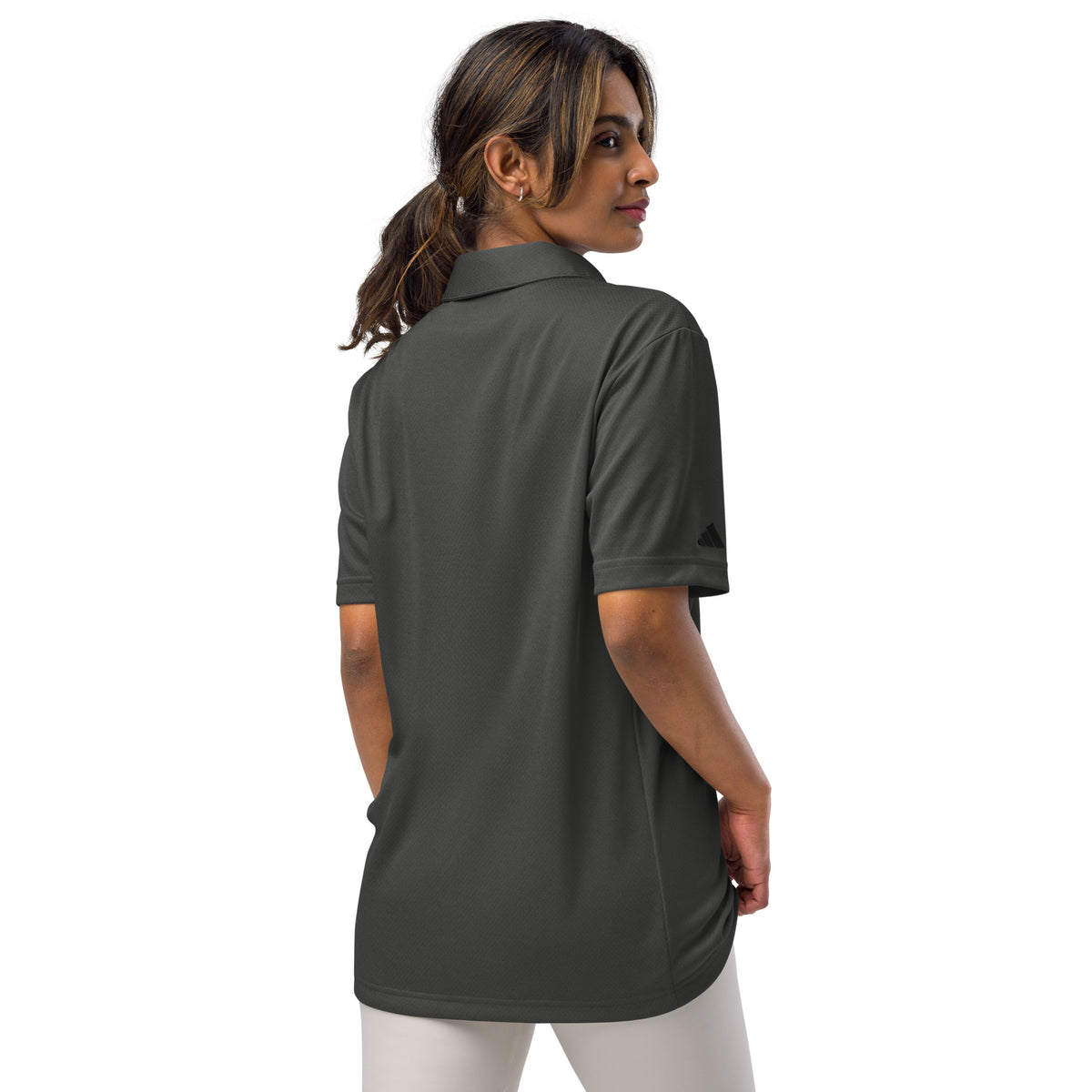 Adidas space-dyed polo shirt in Black Melange, back view