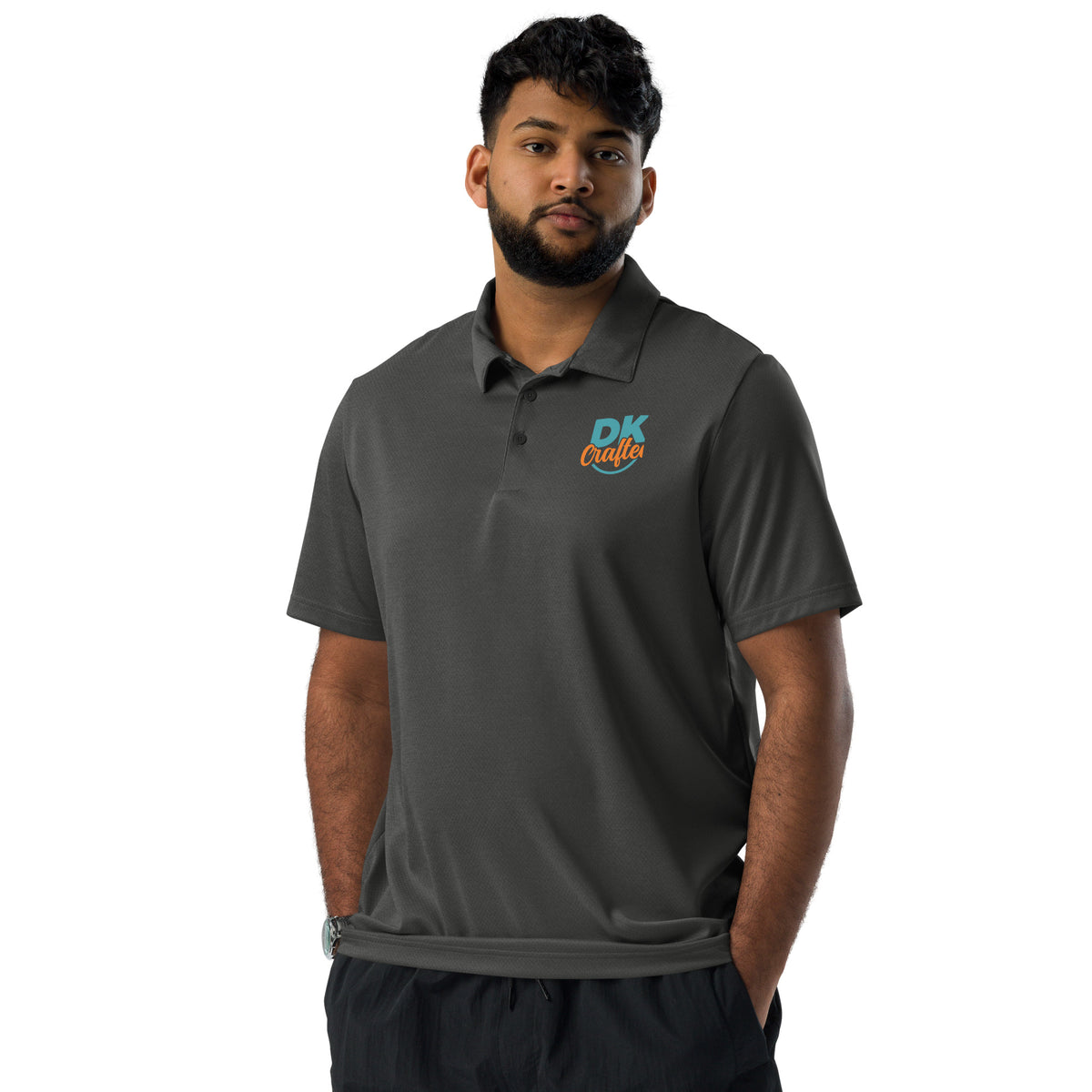 Adidas space-dyed polo shirt in Black Melange, front view