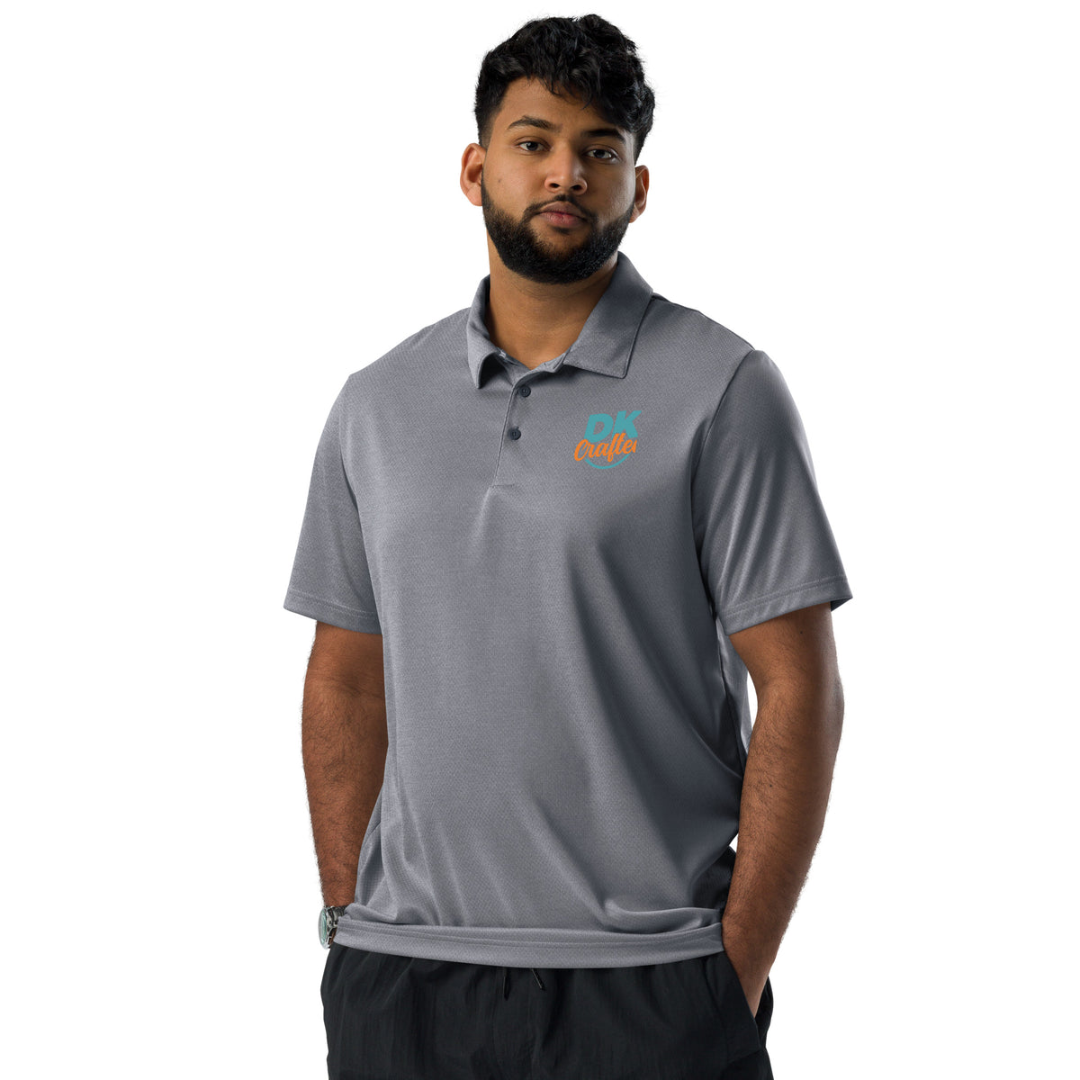 Adidas space-dyed polo shirt in Collegiate Navy Melange, front view