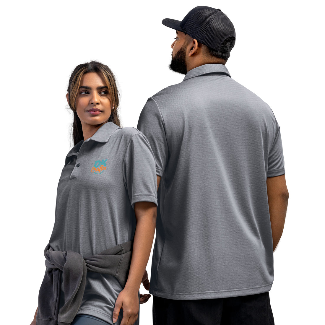 Adidas space-dyed polo shirt in Collegiate Navy Melange, front and back view