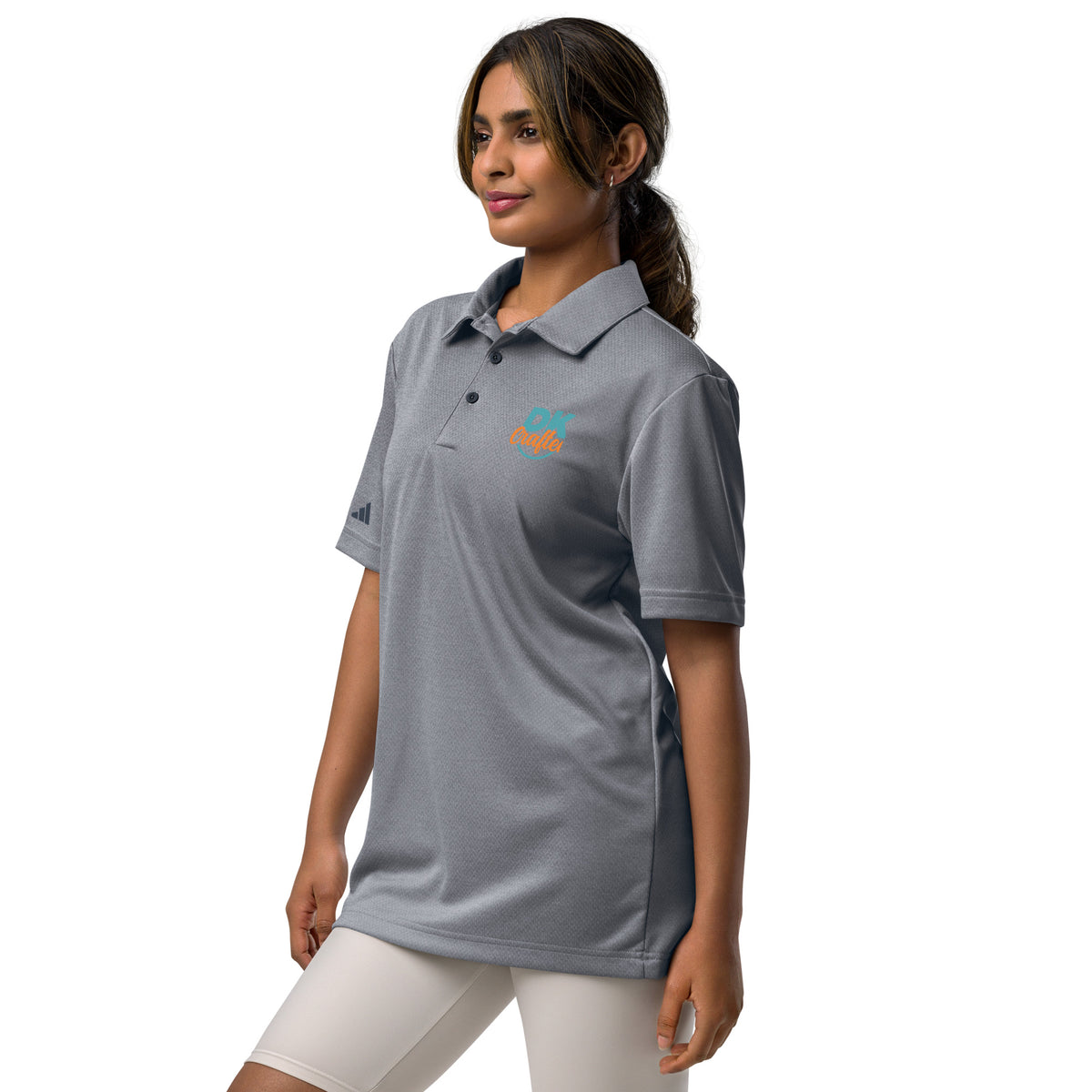 Adidas space-dyed polo shirt in Collegiate Navy Melange, left front view