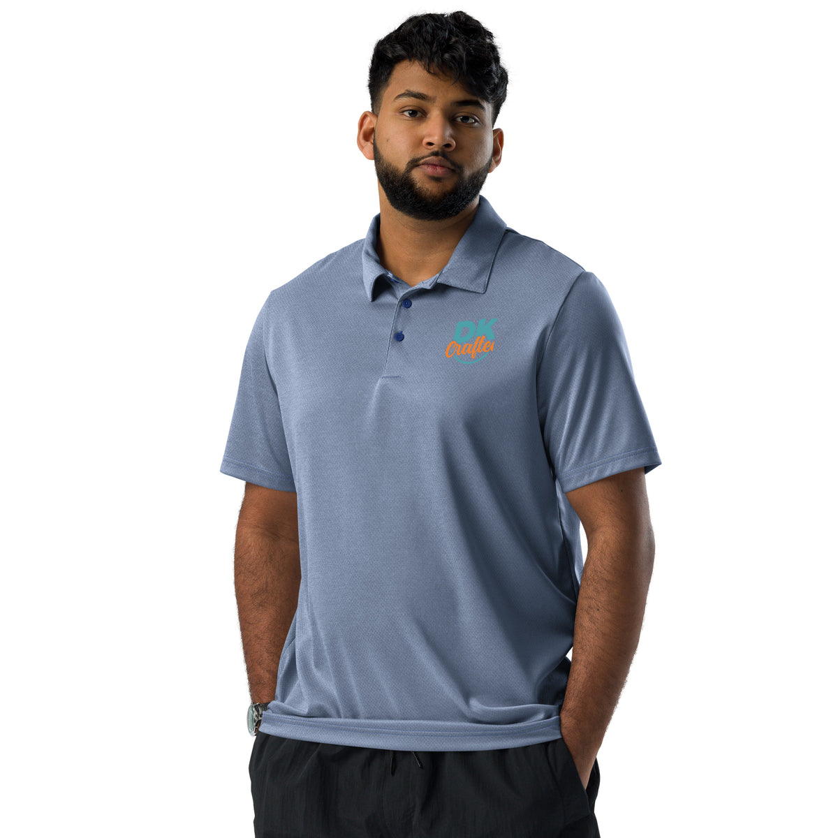 Adidas space-dyed polo shirt in Collegiate Royal Melange, front view