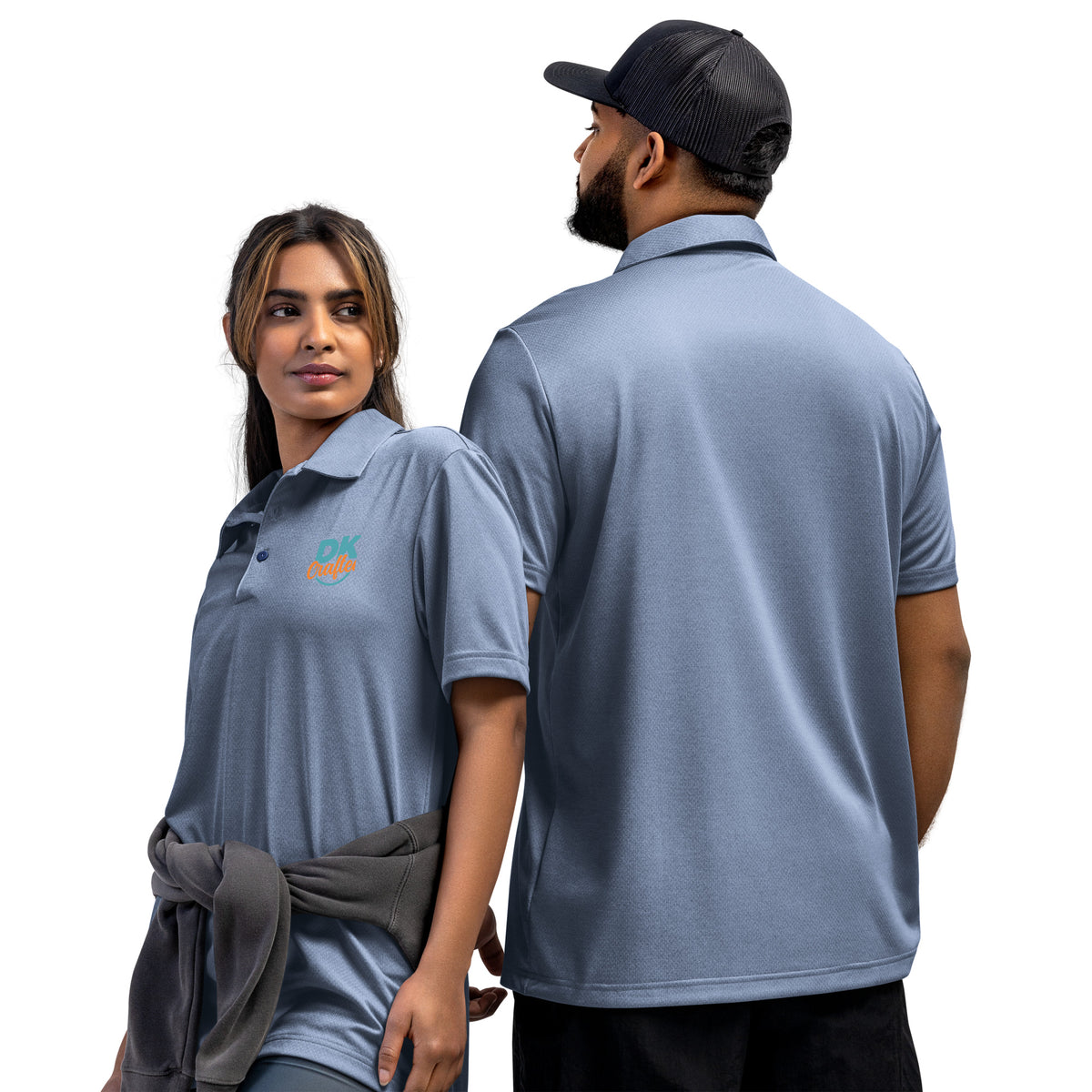 Adidas space-dyed polo shirt in Collegiate Royal Melange, front and back view