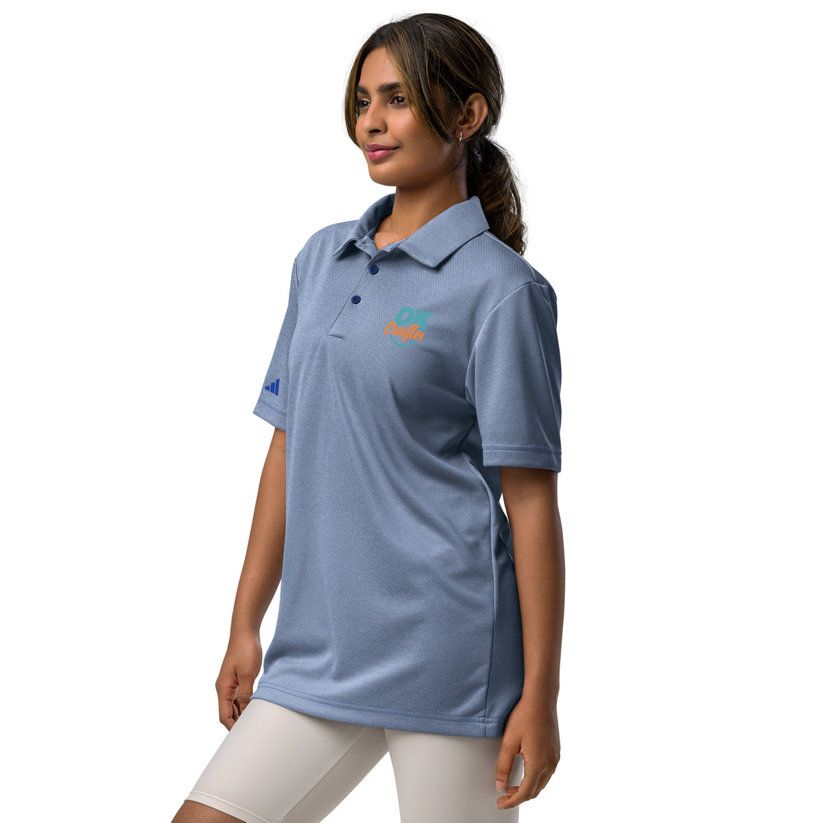 Adidas space-dyed polo shirt in Collegiate Royal Melange, left front view