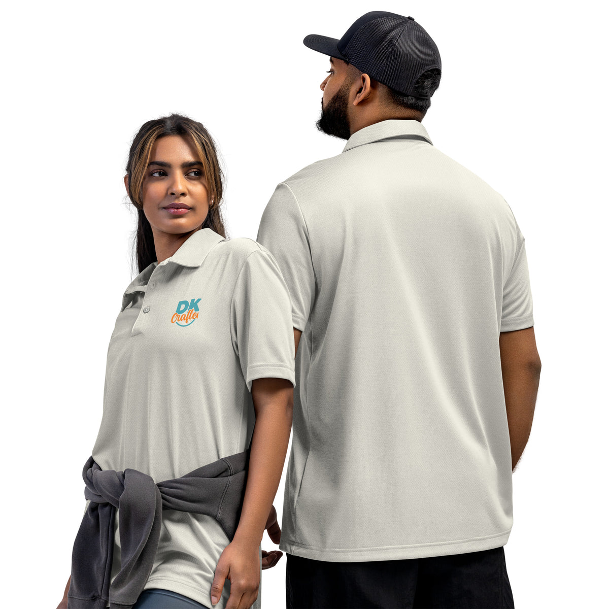 Adidas space-dyed polo shirt in Grey One Heather, front and back view