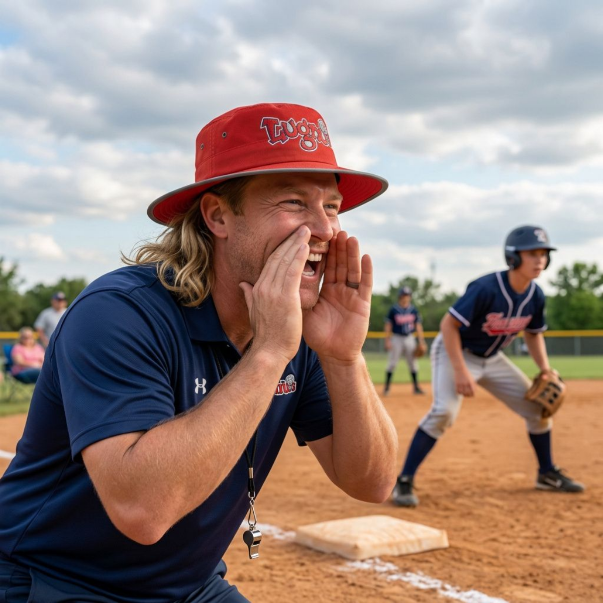 Lugnuts coach wearing the red boonie hat, calling a play