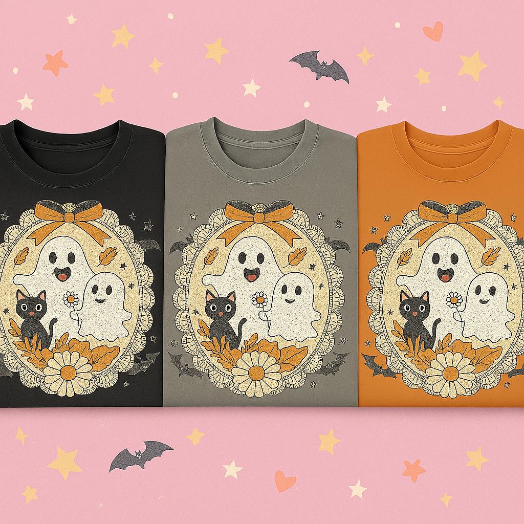 Cute Ghost Cat Halloween Shirt – Spooky Floral Tee for Women, Fall Graphic T-Shirt, Kawaii Goth Aesthetic