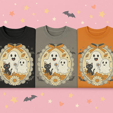 Cute Ghost Cat Halloween Shirt – Spooky Floral Tee for Women, Fall Graphic T-Shirt, Kawaii Goth Aesthetic