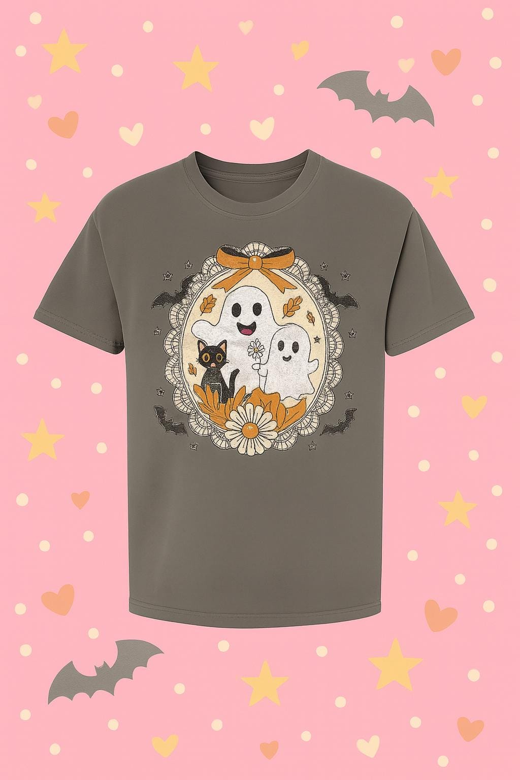 Cute Ghost Cat Halloween Shirt – Spooky Floral Tee for Women, Fall Graphic T-Shirt, Kawaii Goth Aesthetic