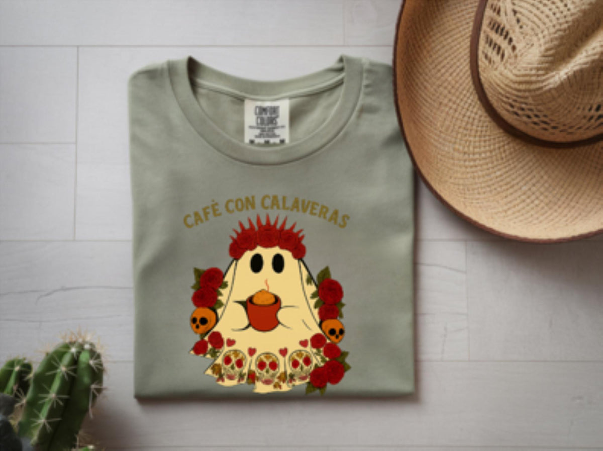 Café con Calaveras Ghost Tee – Comfort Colors Halloween/Day of the Dead T-Shirt