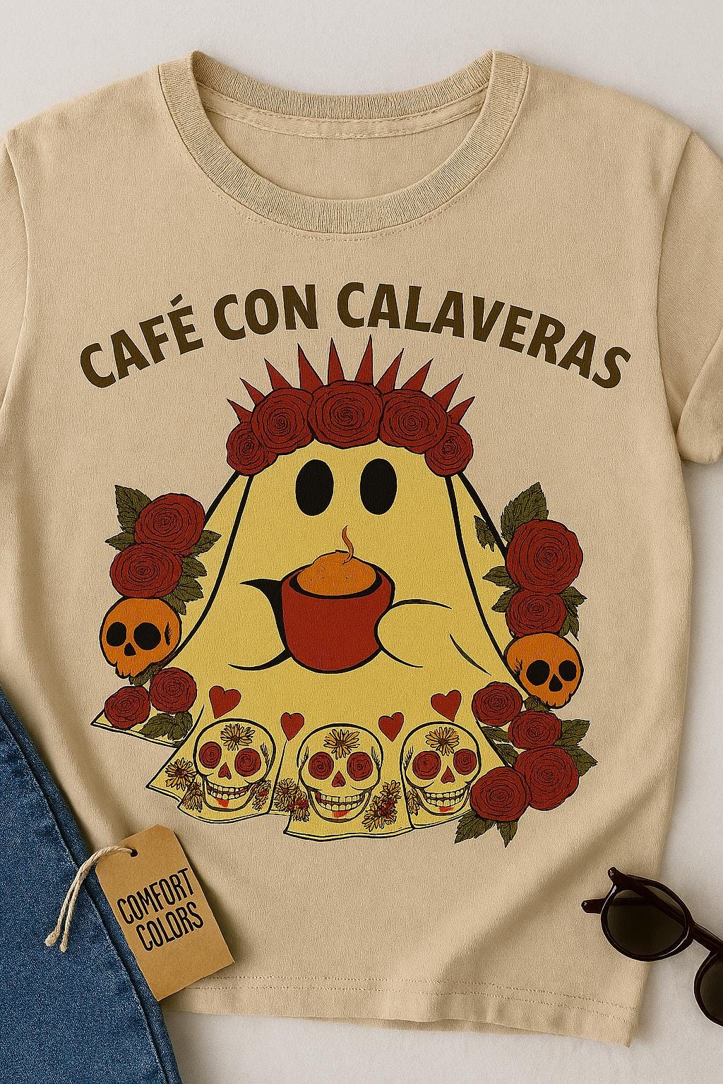 Café con Calaveras Ghost Tee – Comfort Colors Halloween/Day of the Dead T-Shirt