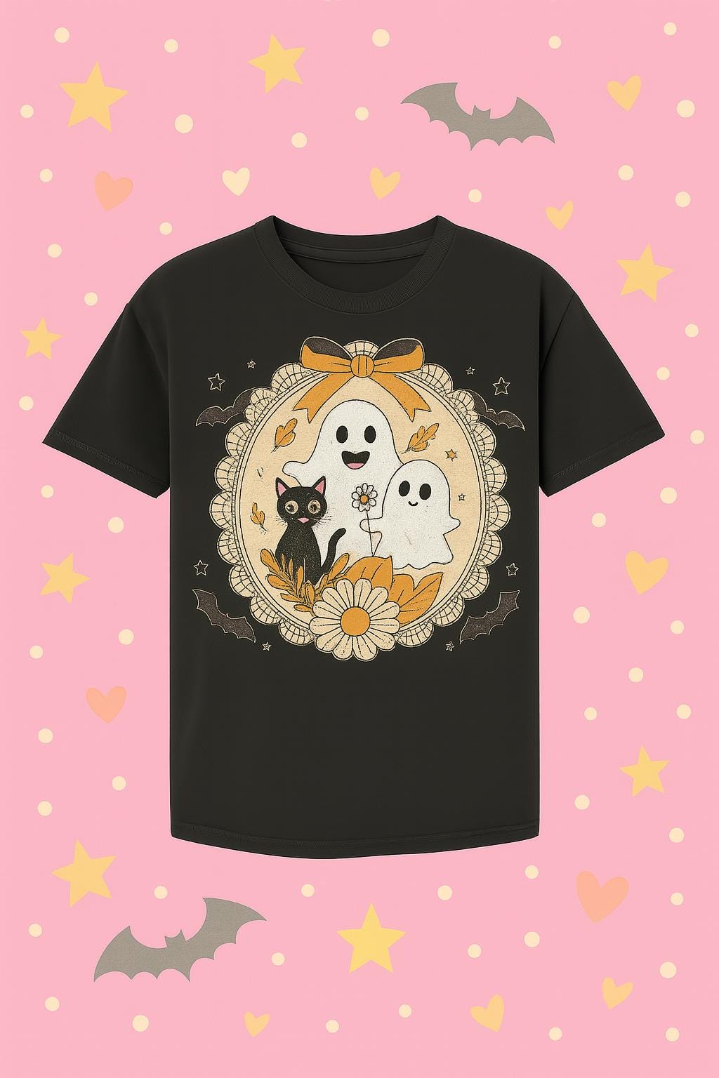 Cute Ghost Cat Halloween Shirt – Spooky Floral Tee for Women, Fall Graphic T-Shirt, Kawaii Goth Aesthetic