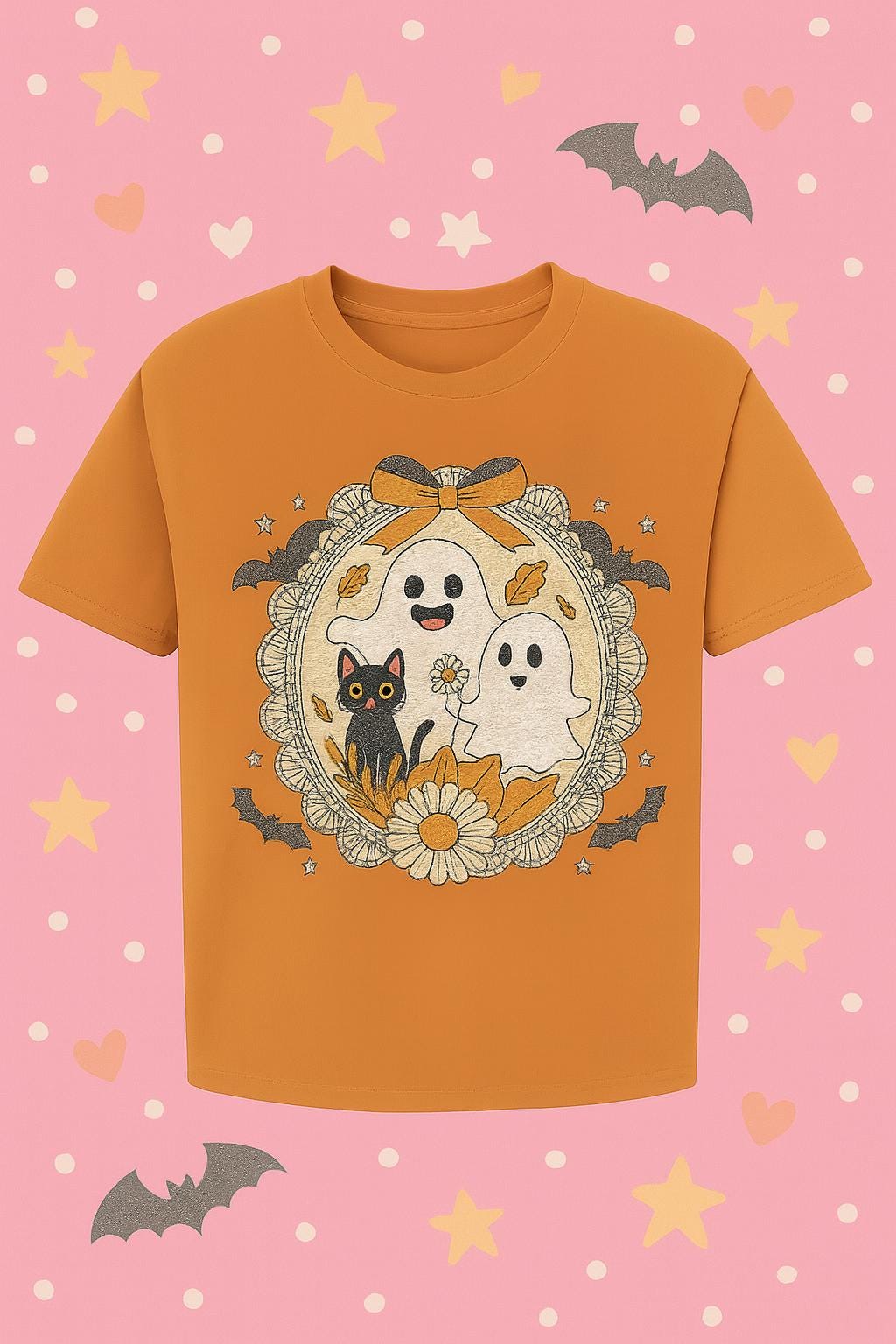 Cute Ghost Cat Halloween Shirt – Spooky Floral Tee for Women, Fall Graphic T-Shirt, Kawaii Goth Aesthetic