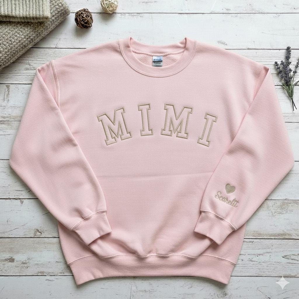 Embroidered Custom Gildan 18000 Monogram Grandma Sweatshirt with Grandchild Names and Heart on Sleeve