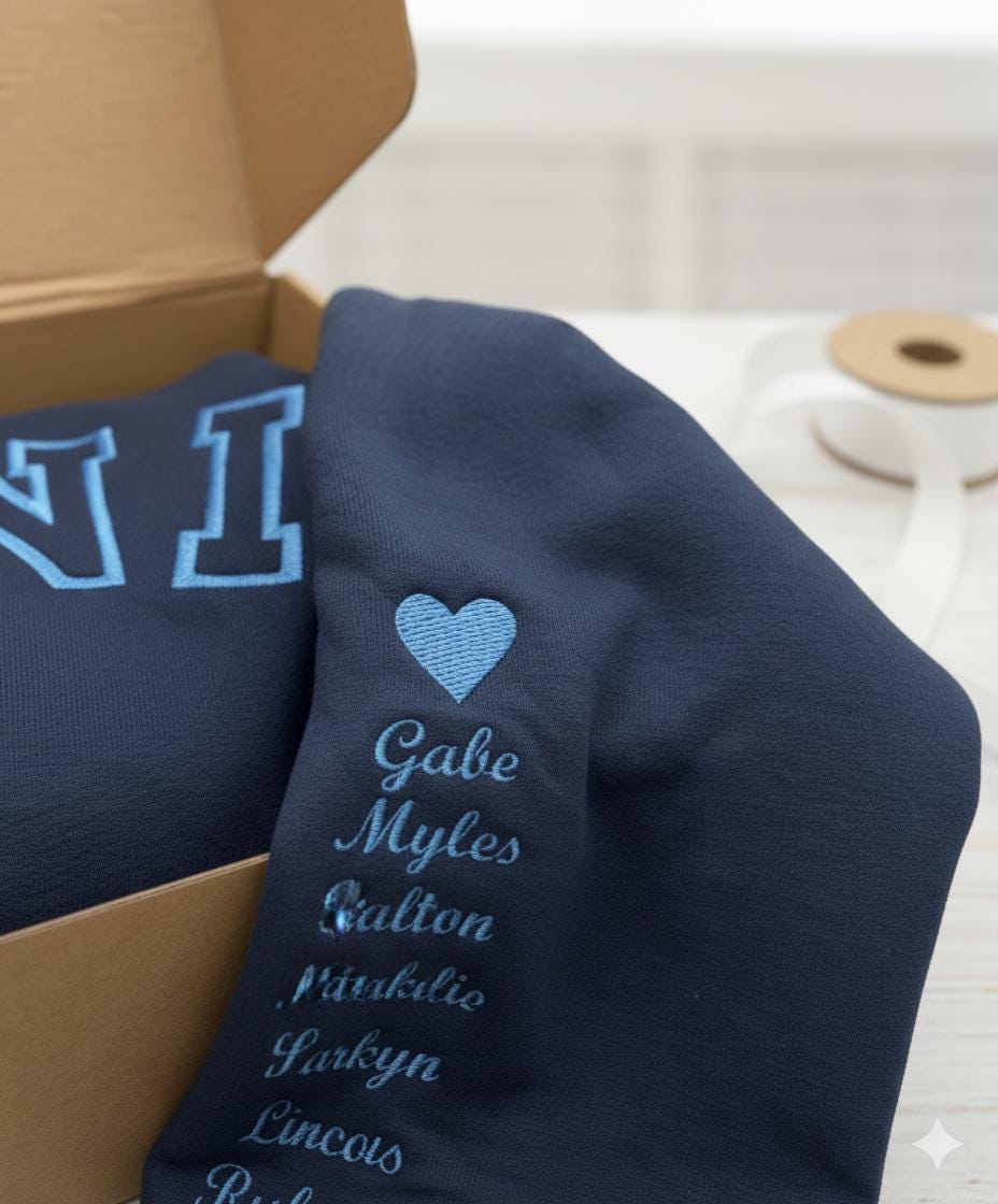 Embroidered Custom Gildan 18000 Monogram Grandma Sweatshirt with Grandchild Names and Heart on Sleeve