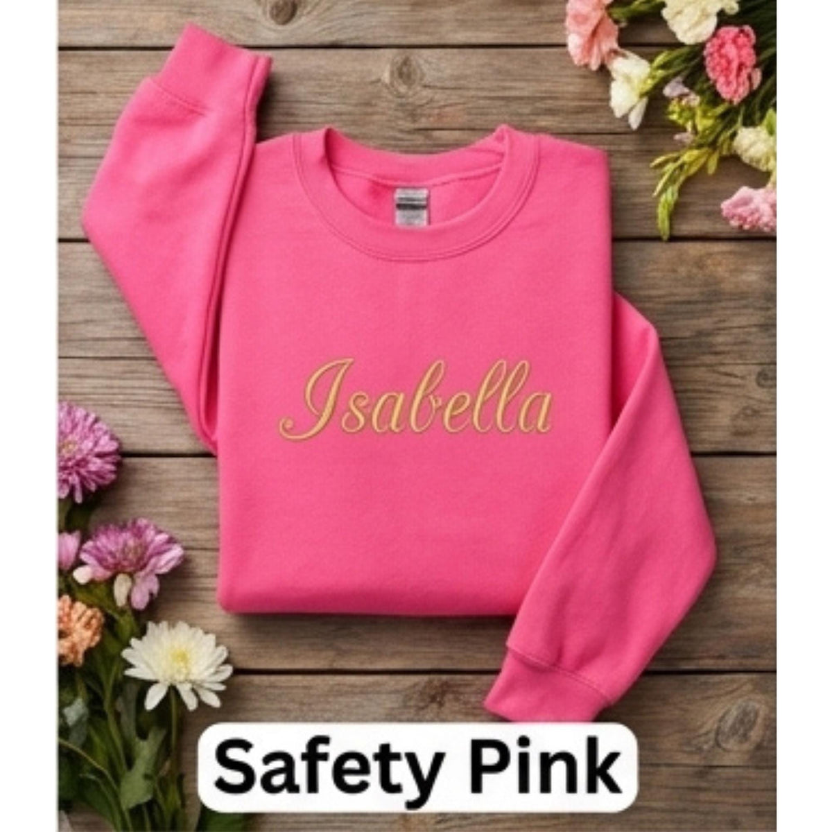 Personalized youth crewneck embroidered name close-up