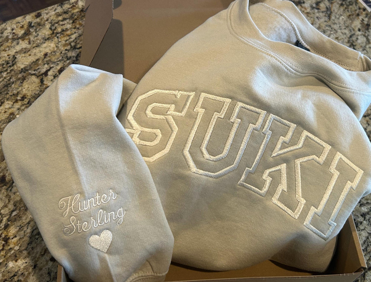 Personalized family sweatshirt embroidered name close-up