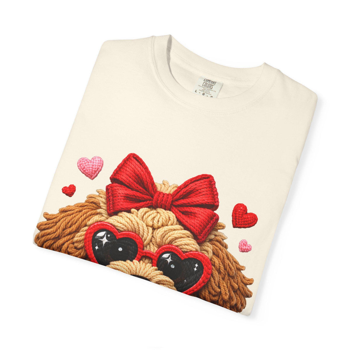 Faux Yarn Valentine Doodle with Heart Sunglasses T-Shirt | Dog Lollipop Design