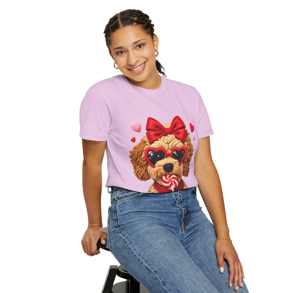 Faux Yarn Valentine Doodle with Heart Sunglasses T-Shirt | Dog Lollipop Design