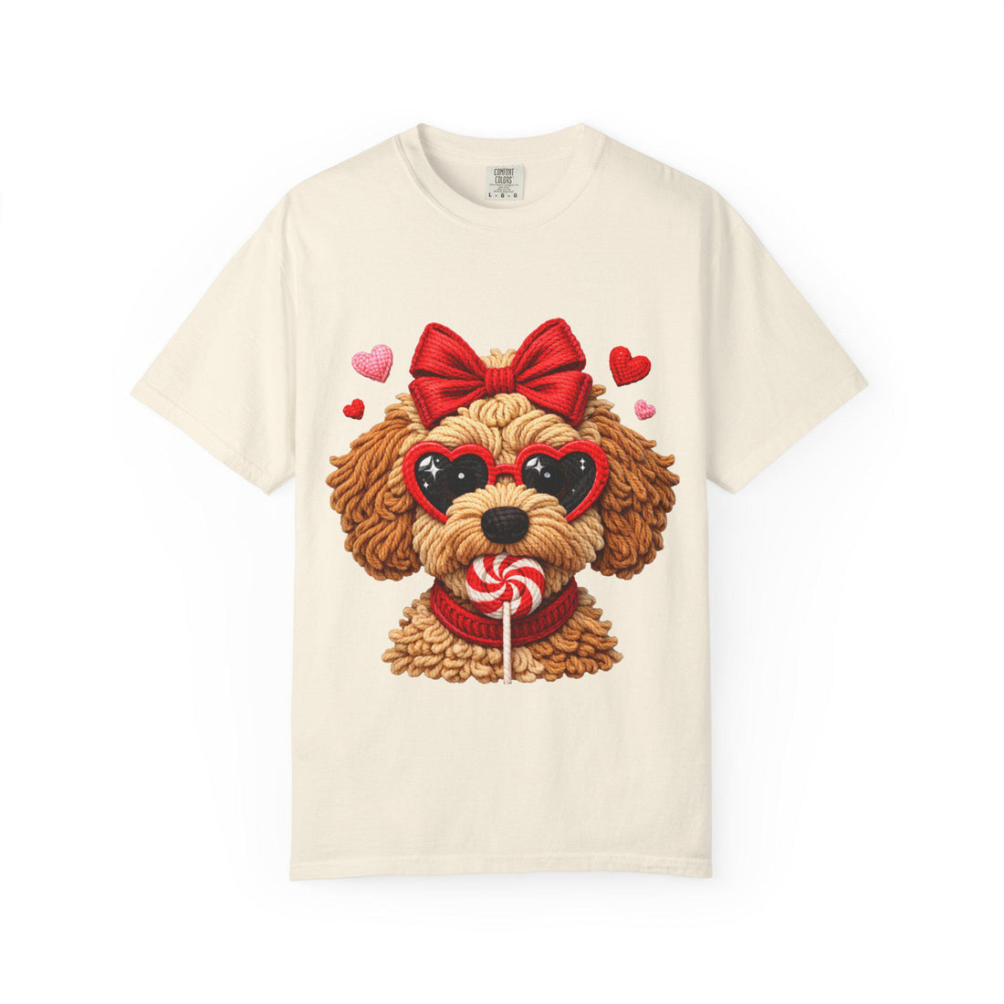 Faux Yarn Valentine Doodle with Heart Sunglasses T-Shirt | Dog Lollipop Design