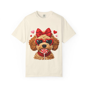 Faux Yarn Valentine Doodle with Heart Sunglasses T-Shirt | Dog Lollipop Design