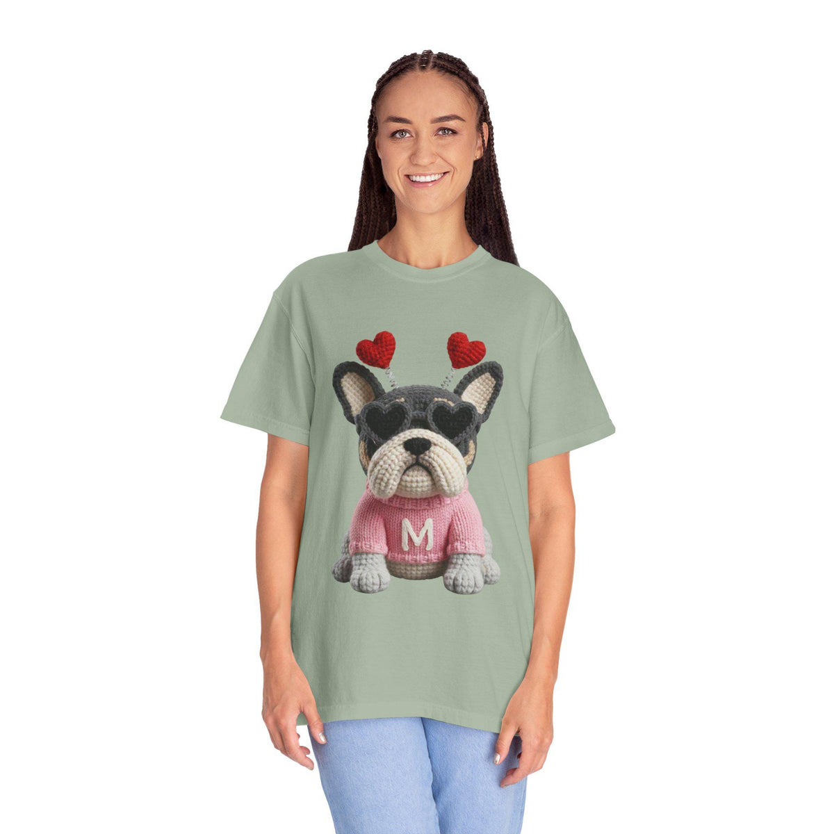 Faux Yarn Frenchie Valentines Day Tee Shirt