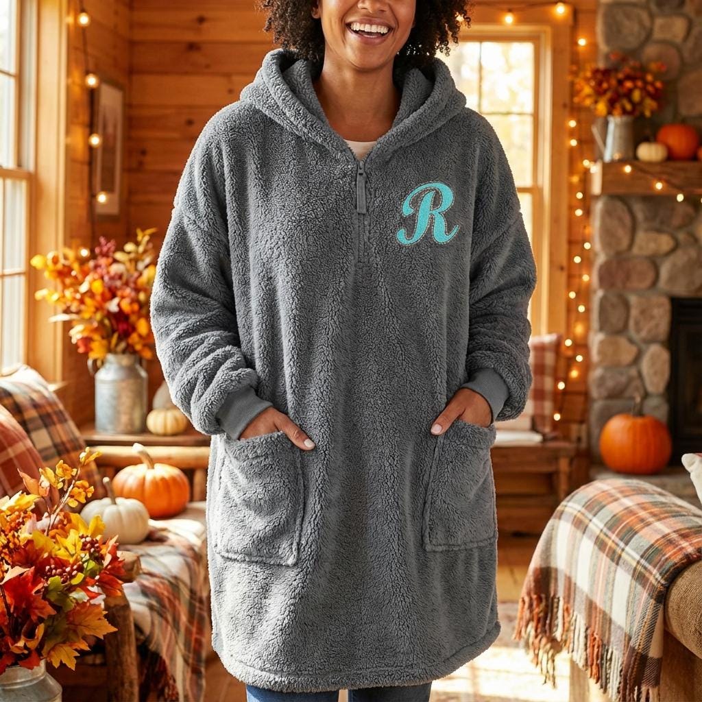 Custom Embroidered Plush Poncho Personalized Oversized Hoodie Blanket Port Authority BP42 Monogrammed Wearable Fleece