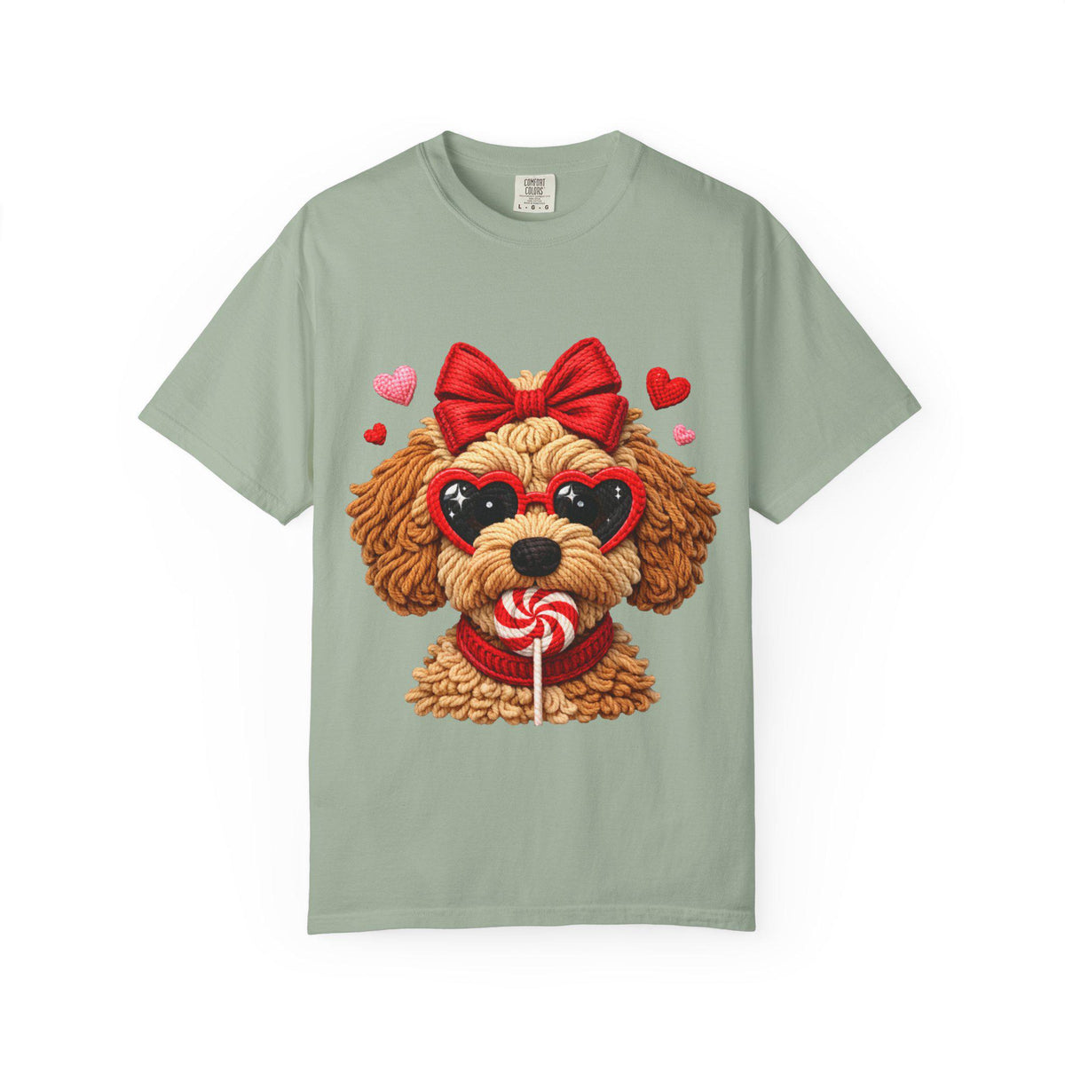 Faux Yarn Valentine Doodle with Heart Sunglasses T-Shirt | Dog Lollipop Design