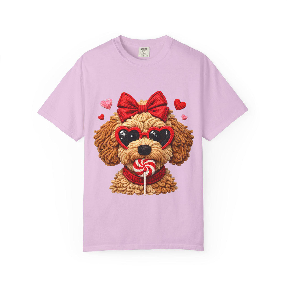 Faux Yarn Valentine Doodle with Heart Sunglasses T-Shirt | Dog Lollipop Design