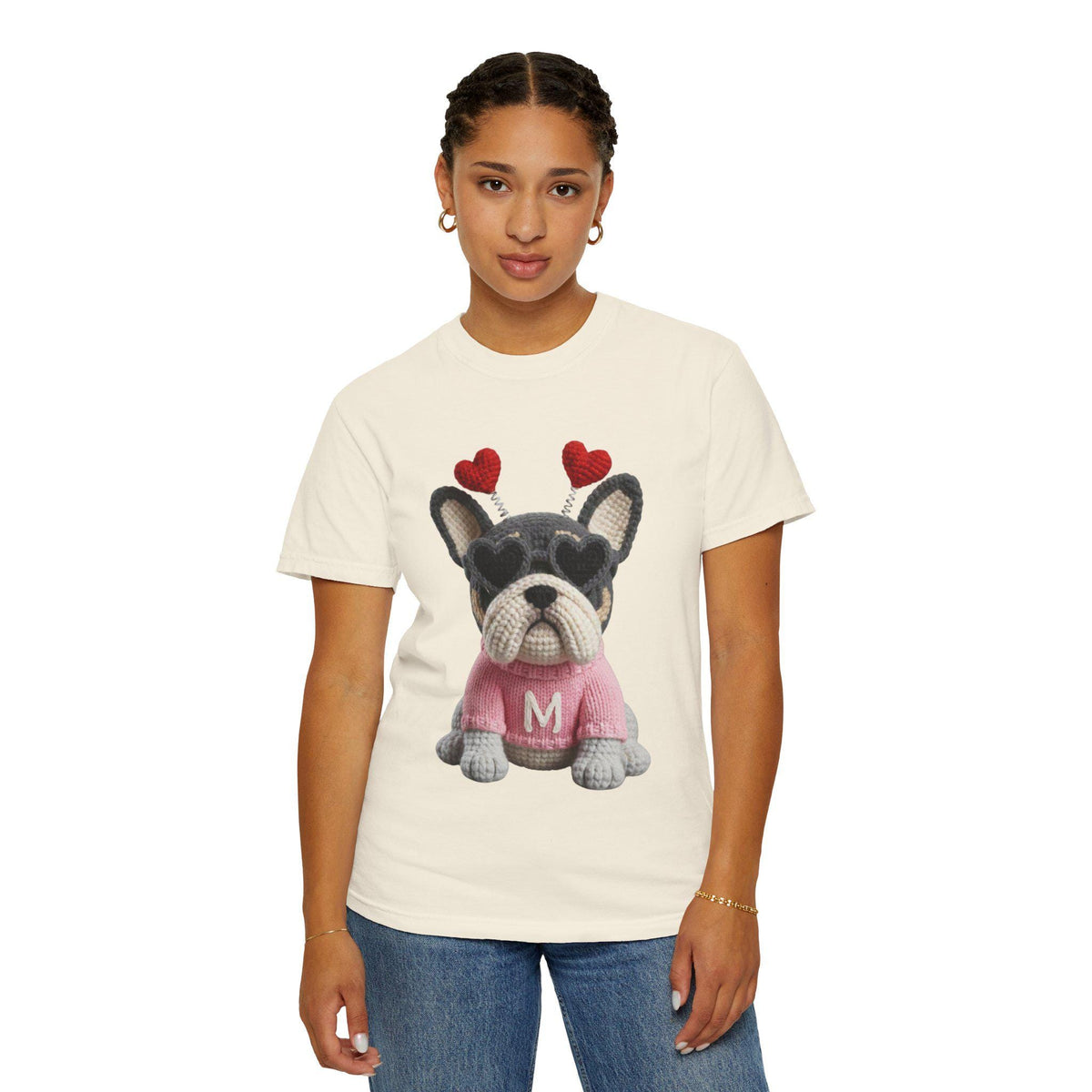 Faux Yarn Frenchie Valentines Day Tee Shirt