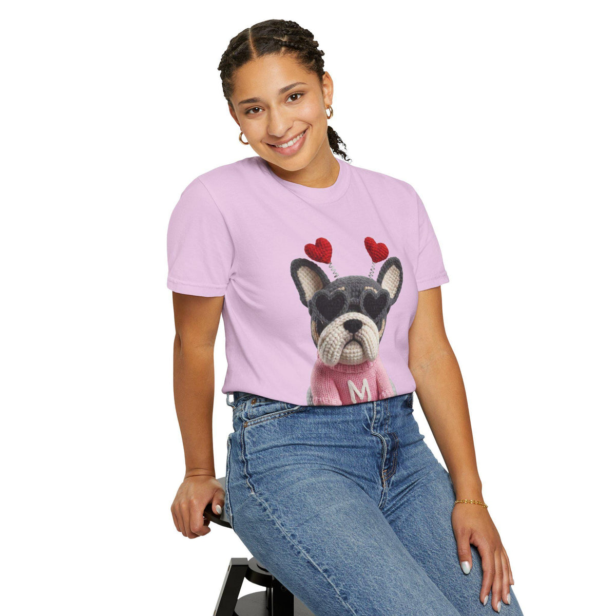 Faux Yarn Frenchie Valentines Day Tee Shirt