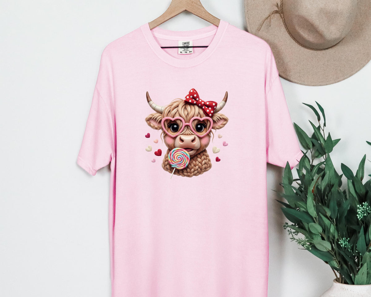 Highland Cow Valentine T-Shirt, Heart Glasses, Coquette Farmhouse Tee