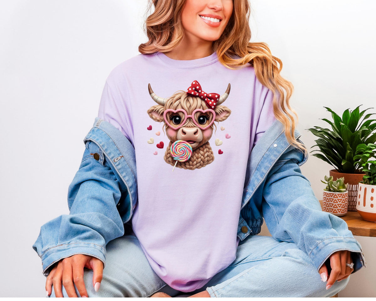 Highland Cow Valentine T-Shirt, Heart Glasses, Coquette Farmhouse Tee