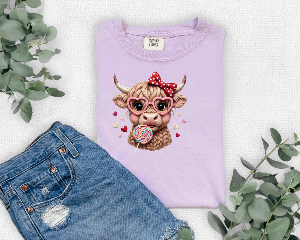 Highland Cow Valentine T-Shirt, Heart Glasses, Coquette Farmhouse Tee