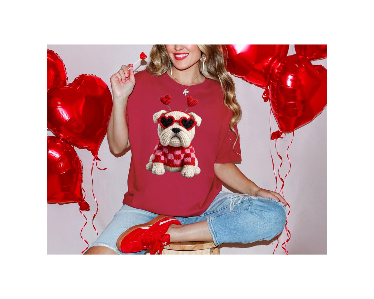 Faux Crochet Bulldog with Heart Sunglasses Comfort Colors Valentine Shirt