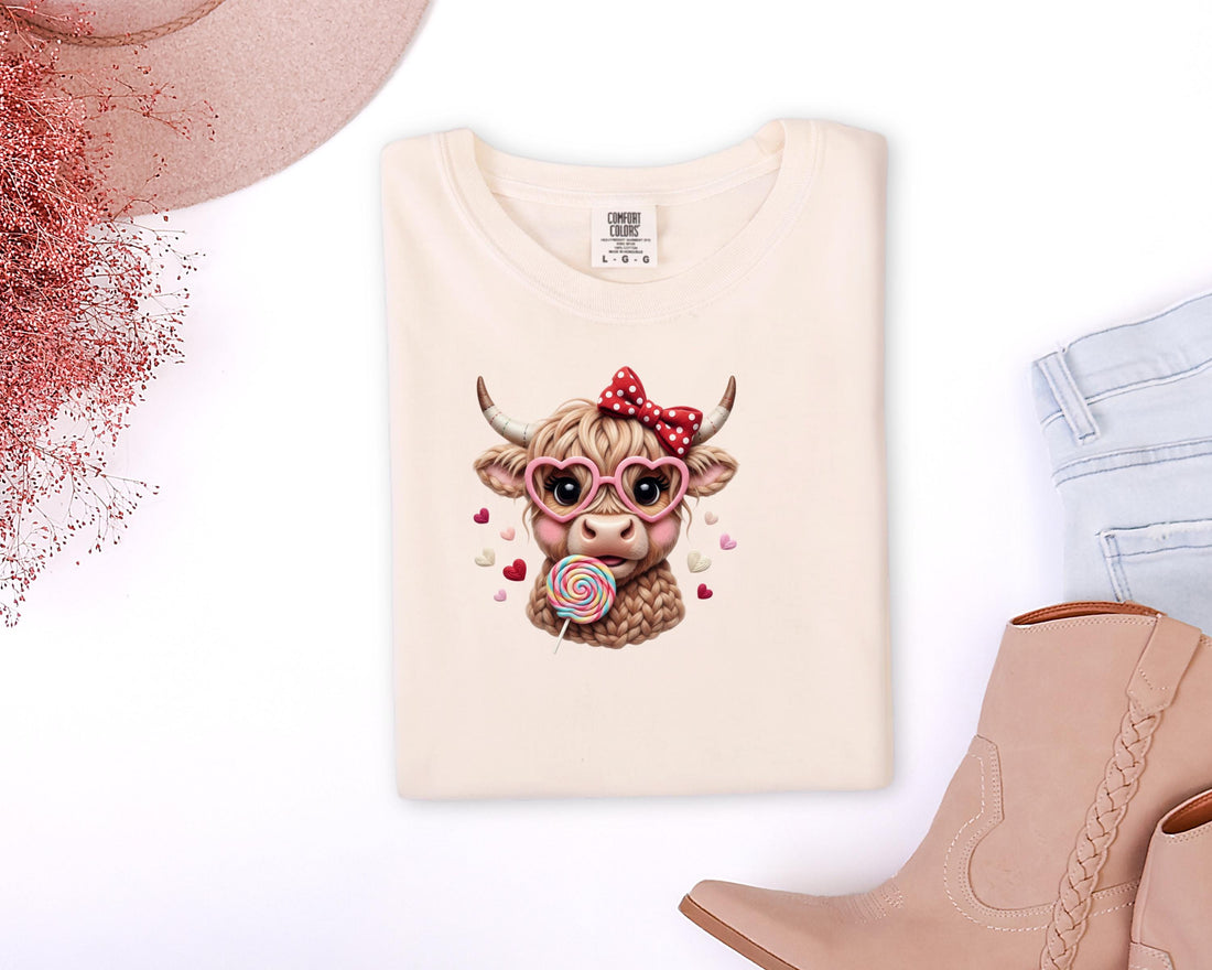 Highland Cow Valentine T-Shirt, Heart Glasses, Coquette Farmhouse Tee