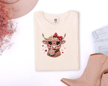 Highland Cow Valentine T-Shirt, Heart Glasses, Coquette Farmhouse Tee