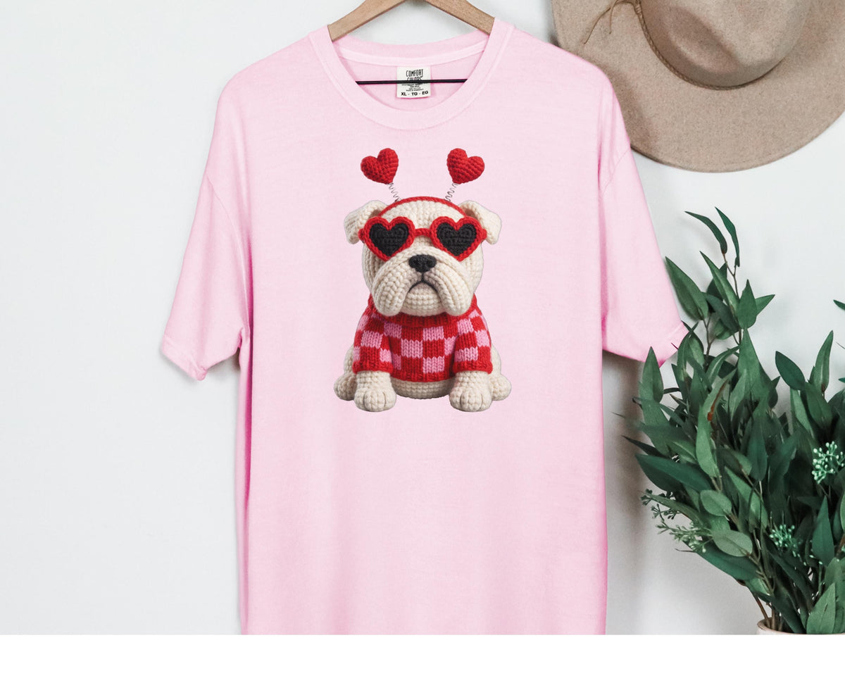 Bulldog with Heart Sunglasses Faux Crochet Valentine T-shirt