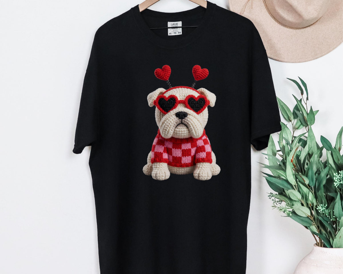 Bulldog with Heart Sunglasses Faux Crochet Valentine T-shirt
